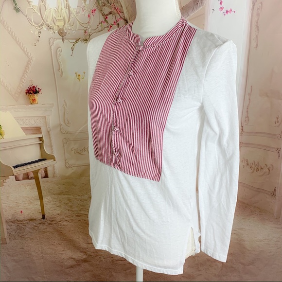 J Crew Red Striped Bibe Front Blouse - Picture 5 of 9
